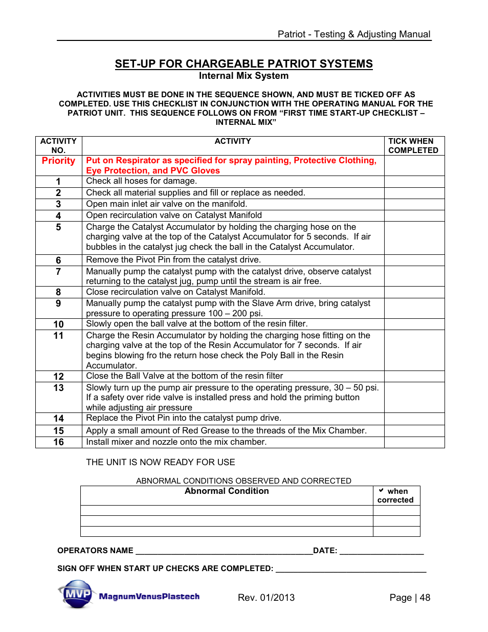 Set-up for chargeable patriot systems | Magnum Venus Plastech PATRIOT TESTING & ADJUSTING User Manual | Page 48 / 55