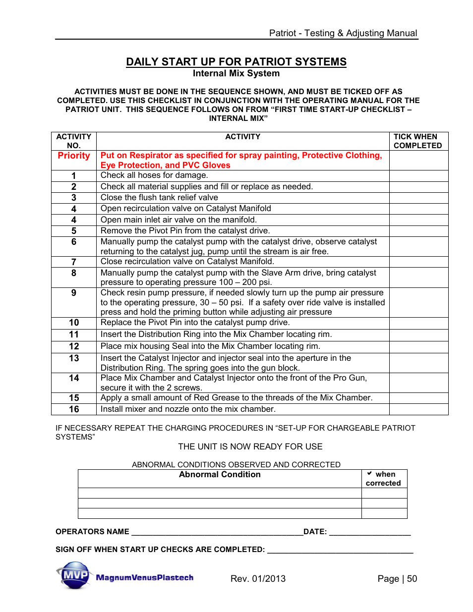 Daily start up for patriot systems | Magnum Venus Plastech PATRIOT TESTING & ADJUSTING User Manual | Page 50 / 55
