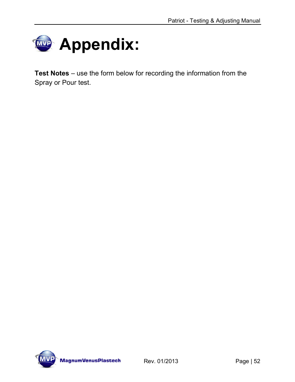 Appendix | Magnum Venus Plastech PATRIOT TESTING & ADJUSTING User Manual | Page 52 / 55