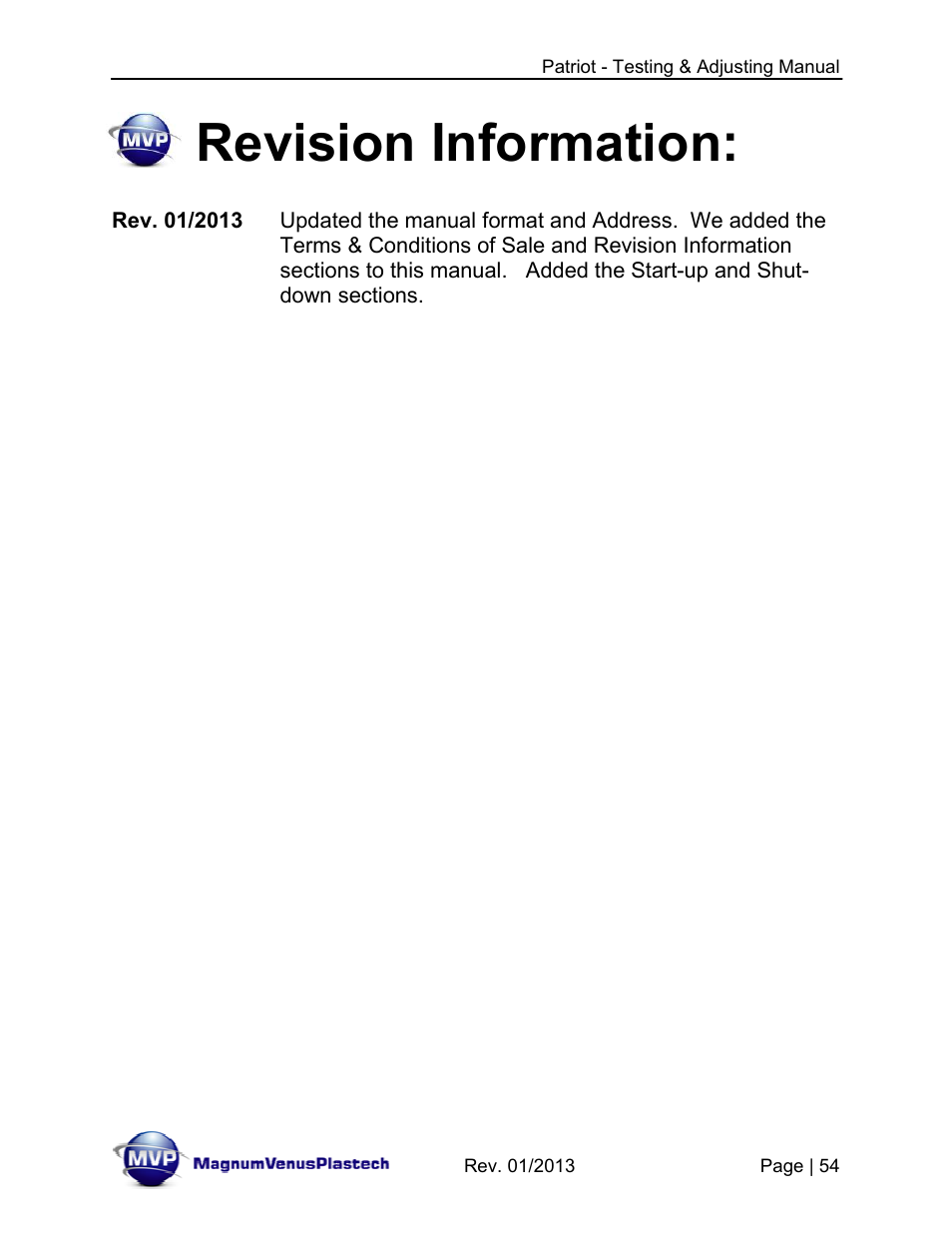 Revision information | Magnum Venus Plastech PATRIOT TESTING & ADJUSTING User Manual | Page 54 / 55
