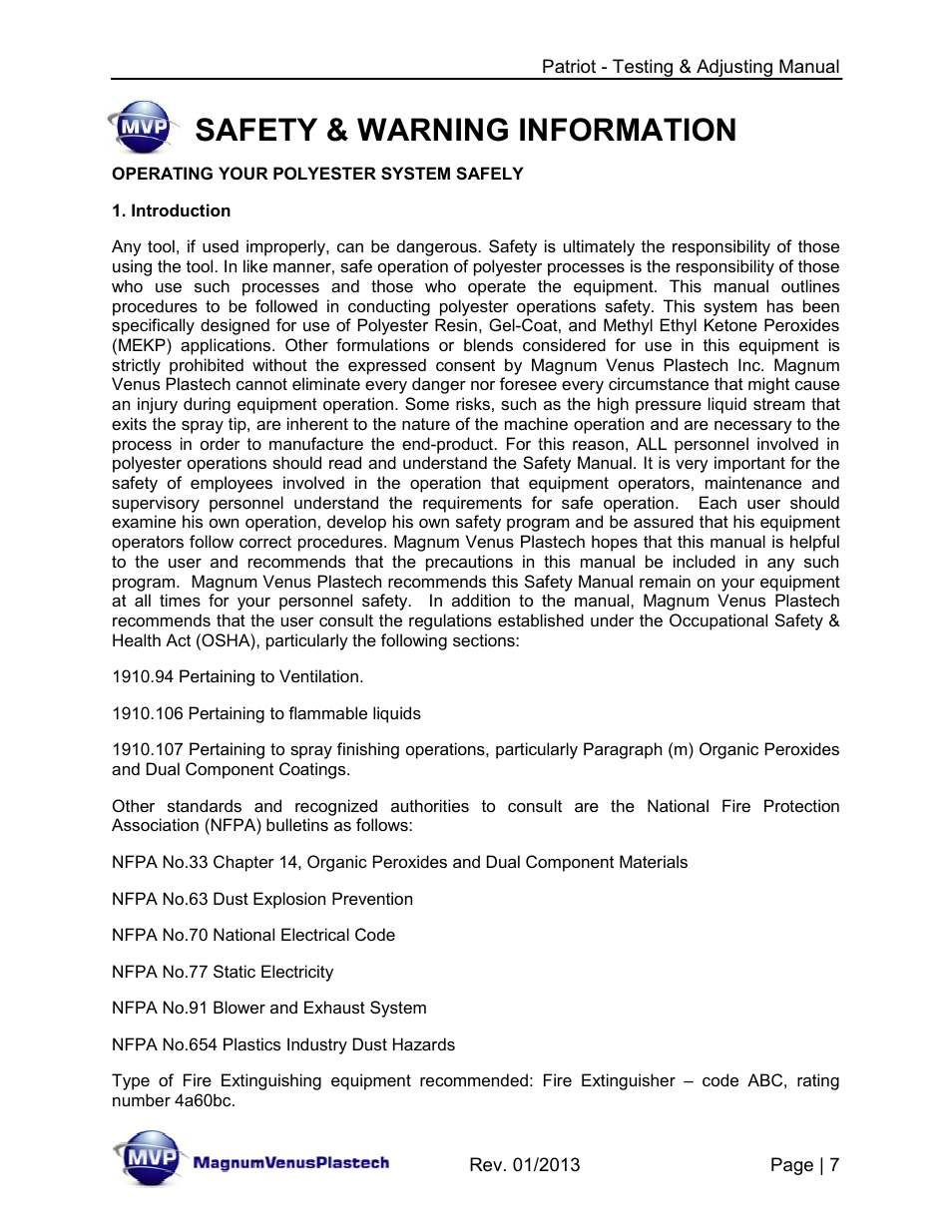 Safety & warning information | Magnum Venus Plastech PATRIOT TESTING & ADJUSTING User Manual | Page 7 / 55