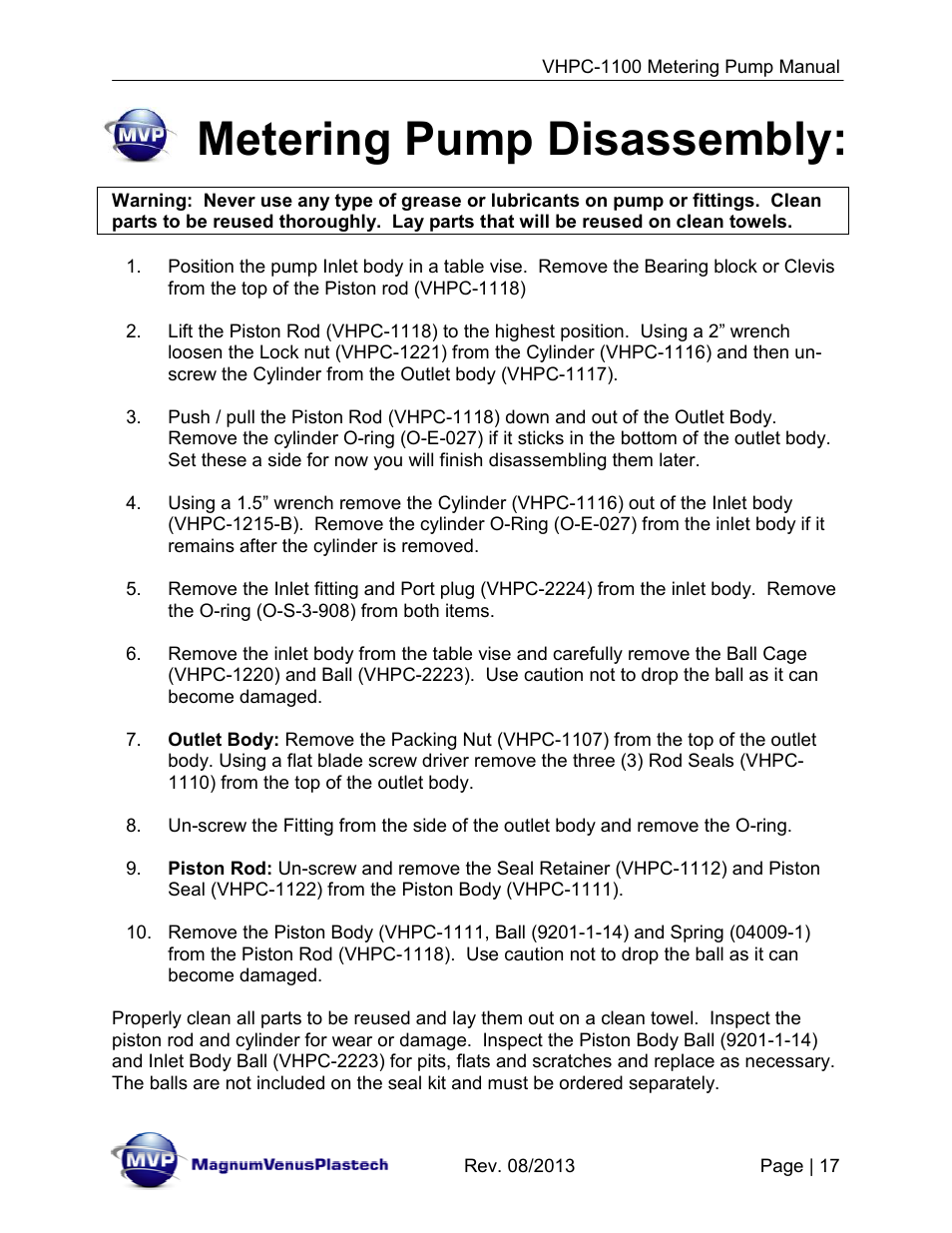 Metering pump disassembly | Magnum Venus Plastech UltraMAX VHPC-1100 Series User Manual | Page 17 / 25