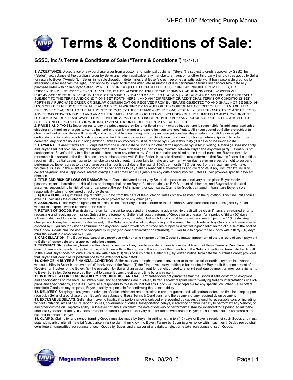 Terms & conditions of sale | Magnum Venus Plastech UltraMAX VHPC-1100 Series User Manual | Page 4 / 25