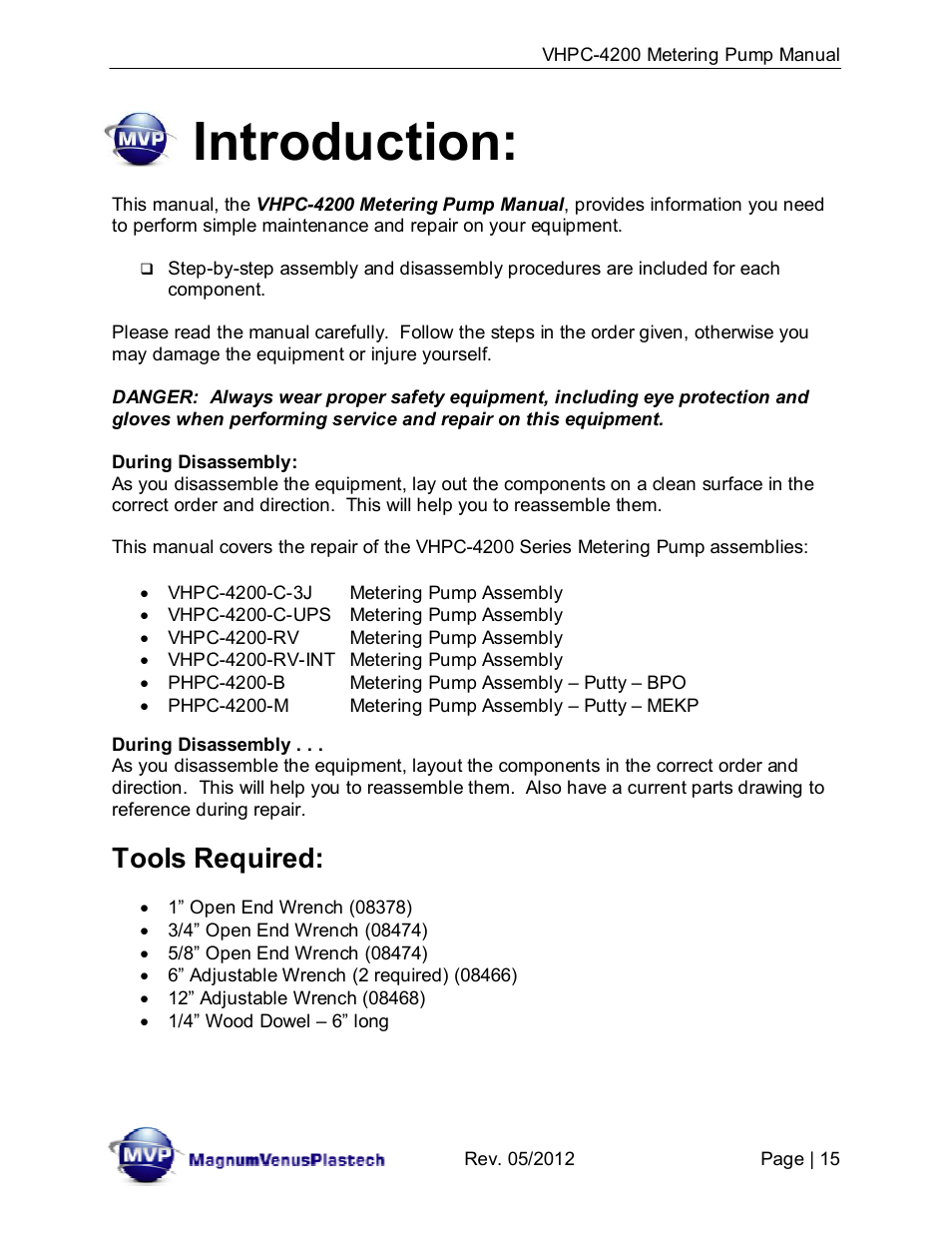 Introduction, Tools required | Magnum Venus Plastech UltraMAX VHPC-4200 Series User Manual | Page 15 / 26
