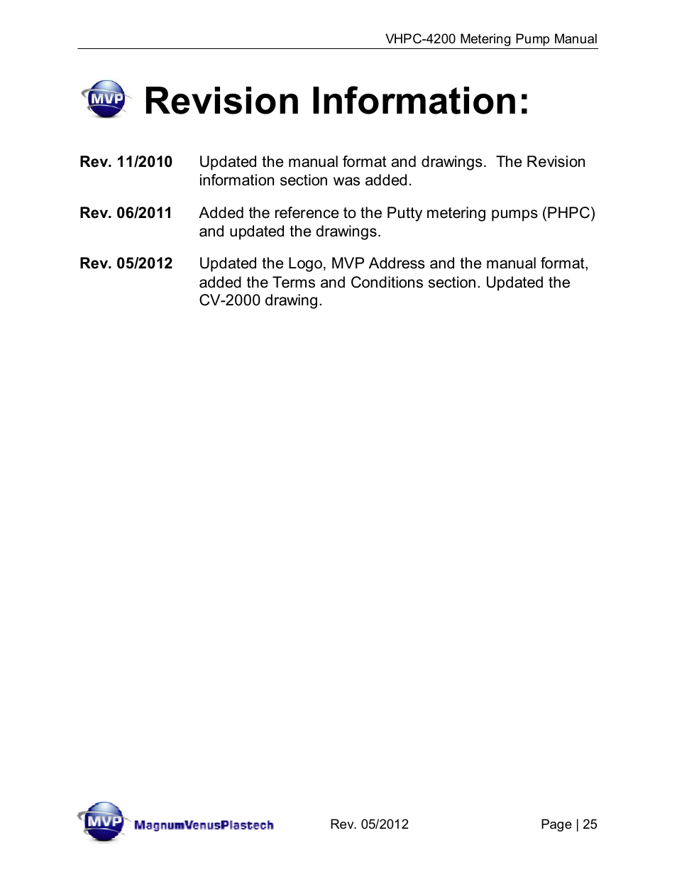 Revision information | Magnum Venus Plastech UltraMAX VHPC-4200 Series User Manual | Page 25 / 26