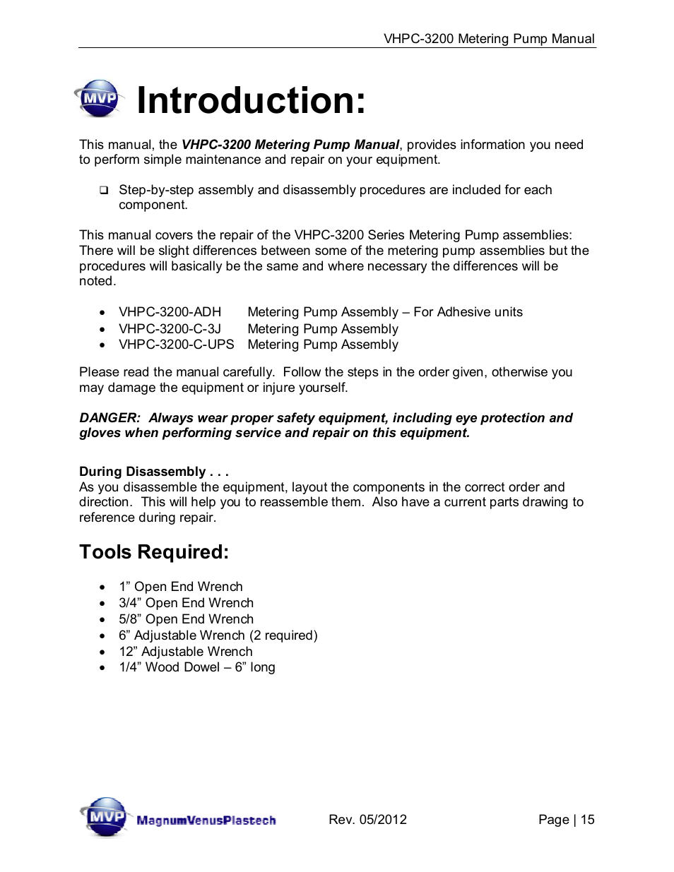 Introduction, Tools required | Magnum Venus Plastech UltraMAX VHPC-3200 Series User Manual | Page 15 / 39