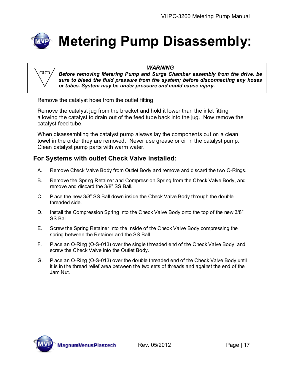 Metering pump disassembly, For systems with outlet check valve installed | Magnum Venus Plastech UltraMAX VHPC-3200 Series User Manual | Page 17 / 39