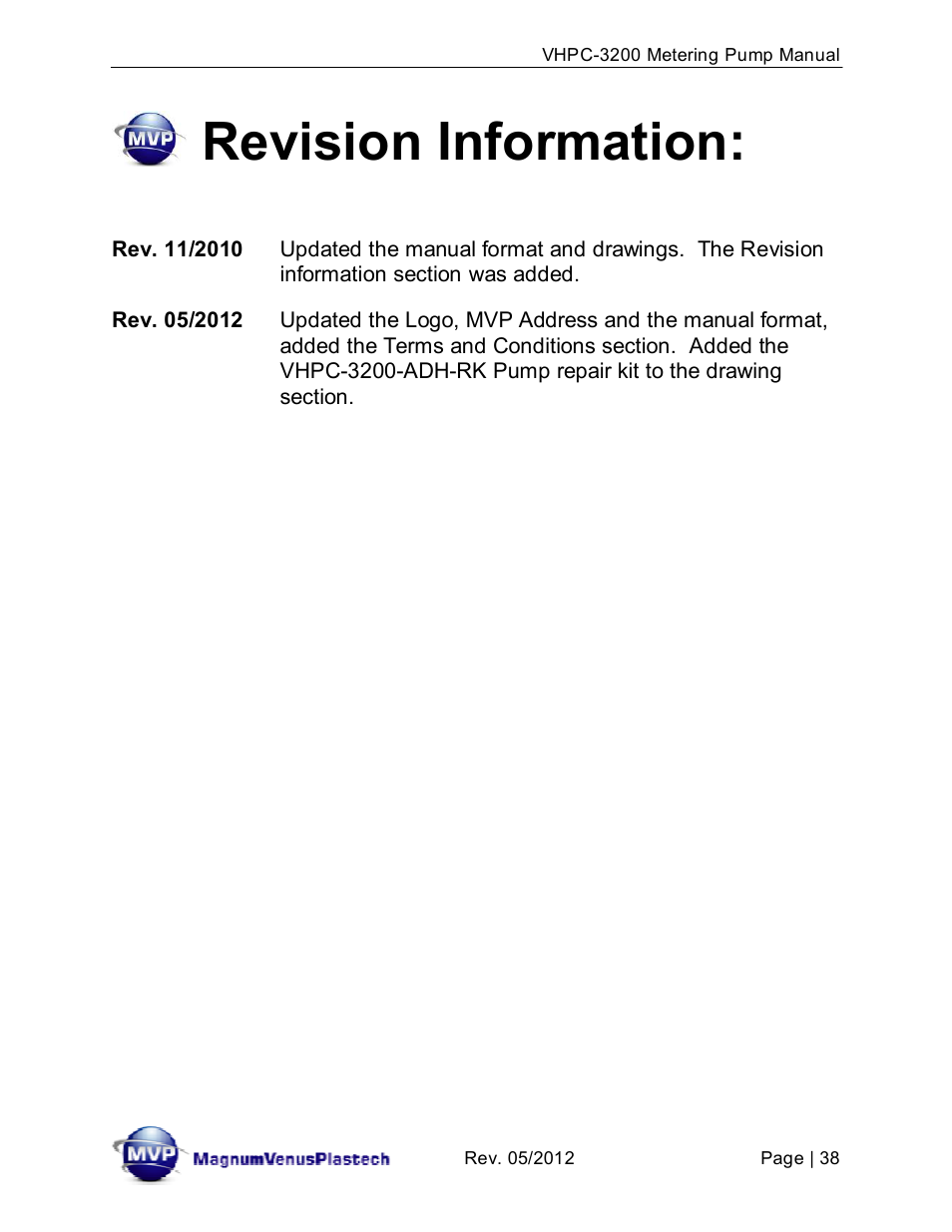 Revision information | Magnum Venus Plastech UltraMAX VHPC-3200 Series User Manual | Page 38 / 39