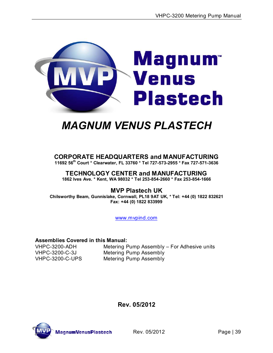 Magnum venus plastech | Magnum Venus Plastech UltraMAX VHPC-3200 Series User Manual | Page 39 / 39