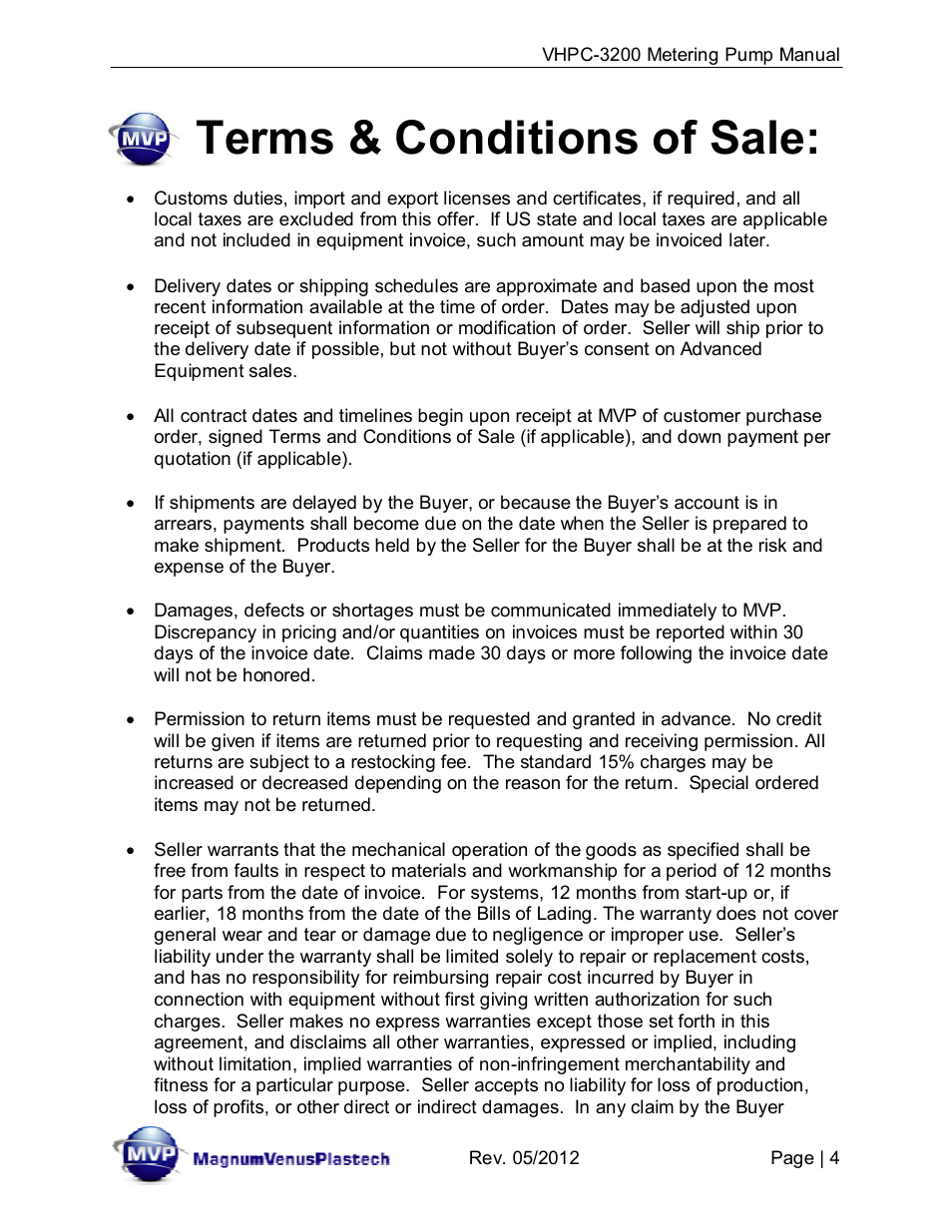 Terms & conditions of sale | Magnum Venus Plastech UltraMAX VHPC-3200 Series User Manual | Page 4 / 39