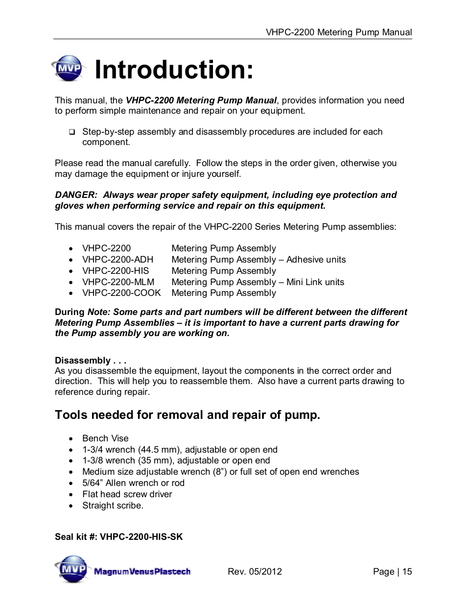 Introduction, Tools needed for removal and repair of pump | Magnum Venus Plastech UltraMAX VHPC-2200 Series User Manual | Page 15 / 34