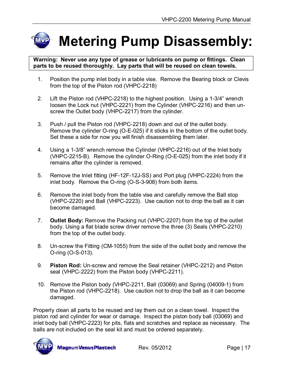 Metering pump disassembly | Magnum Venus Plastech UltraMAX VHPC-2200 Series User Manual | Page 17 / 34