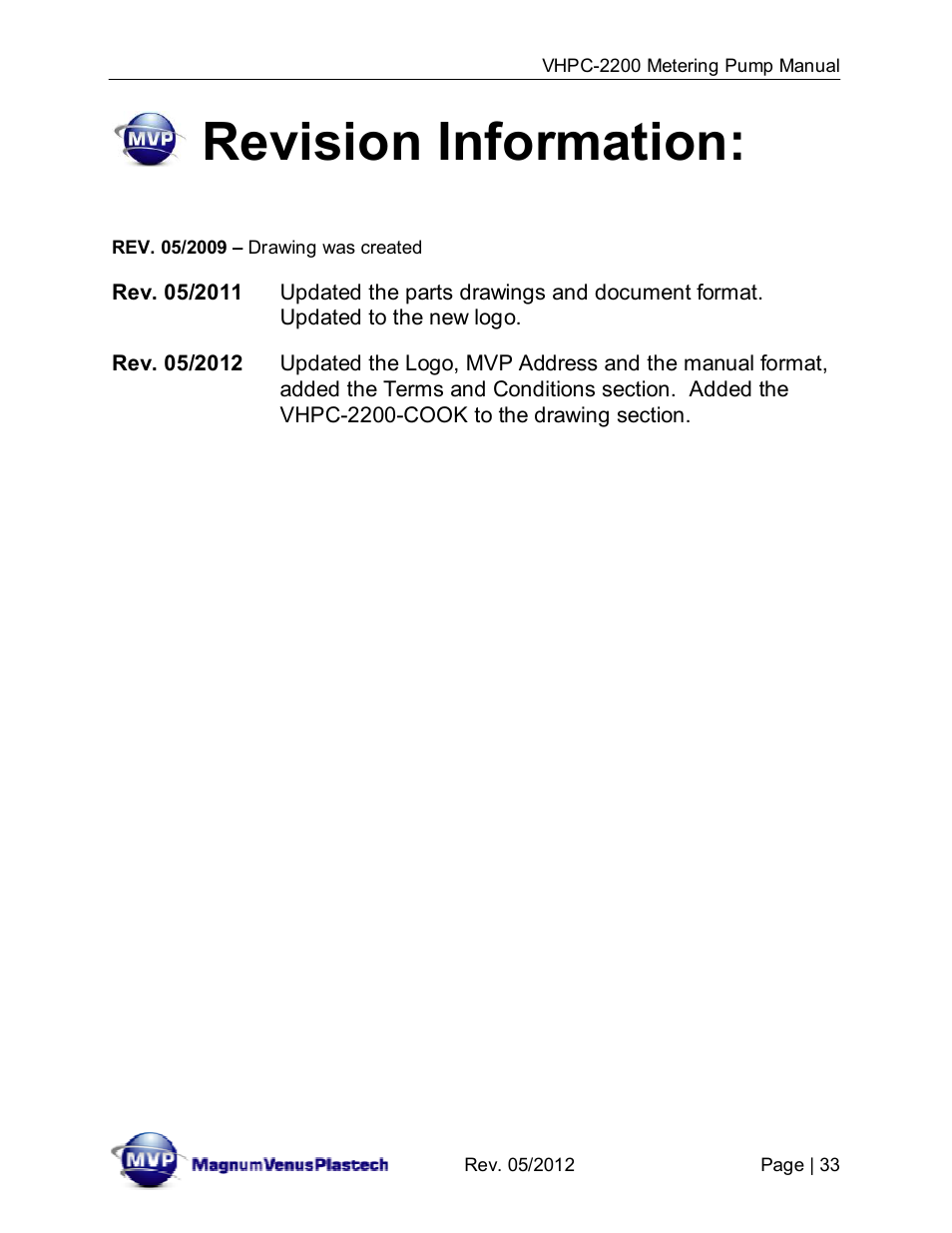 Revision information | Magnum Venus Plastech UltraMAX VHPC-2200 Series User Manual | Page 33 / 34