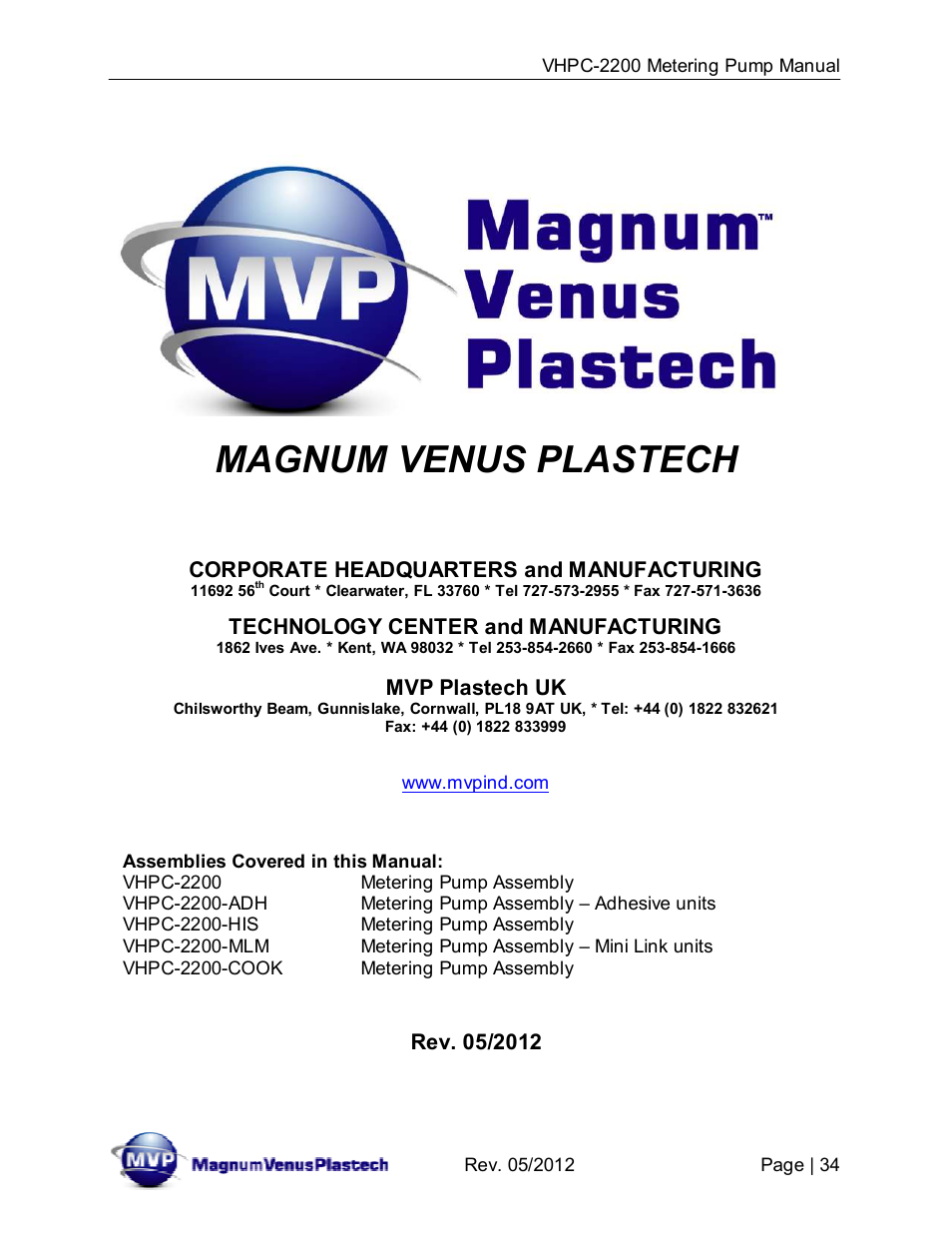 Magnum venus plastech | Magnum Venus Plastech UltraMAX VHPC-2200 Series User Manual | Page 34 / 34