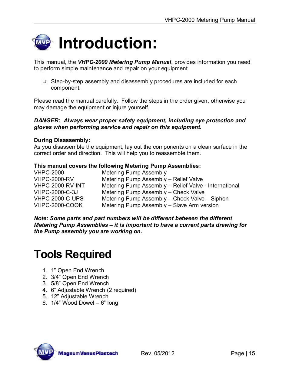 Introduction, Tools required | Magnum Venus Plastech UltraMAX VHPC-2000 Series User Manual | Page 15 / 32