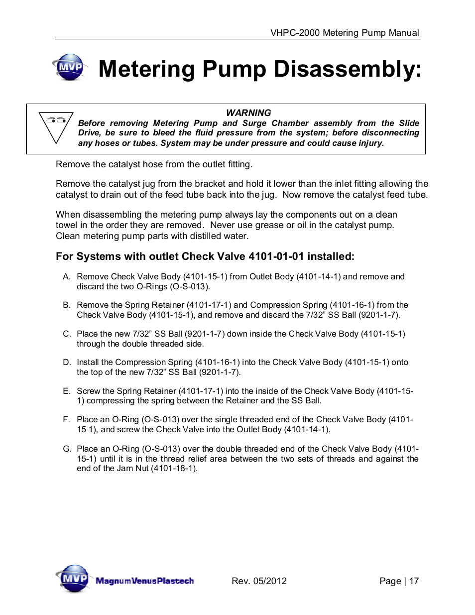 Metering pump disassembly | Magnum Venus Plastech UltraMAX VHPC-2000 Series User Manual | Page 17 / 32