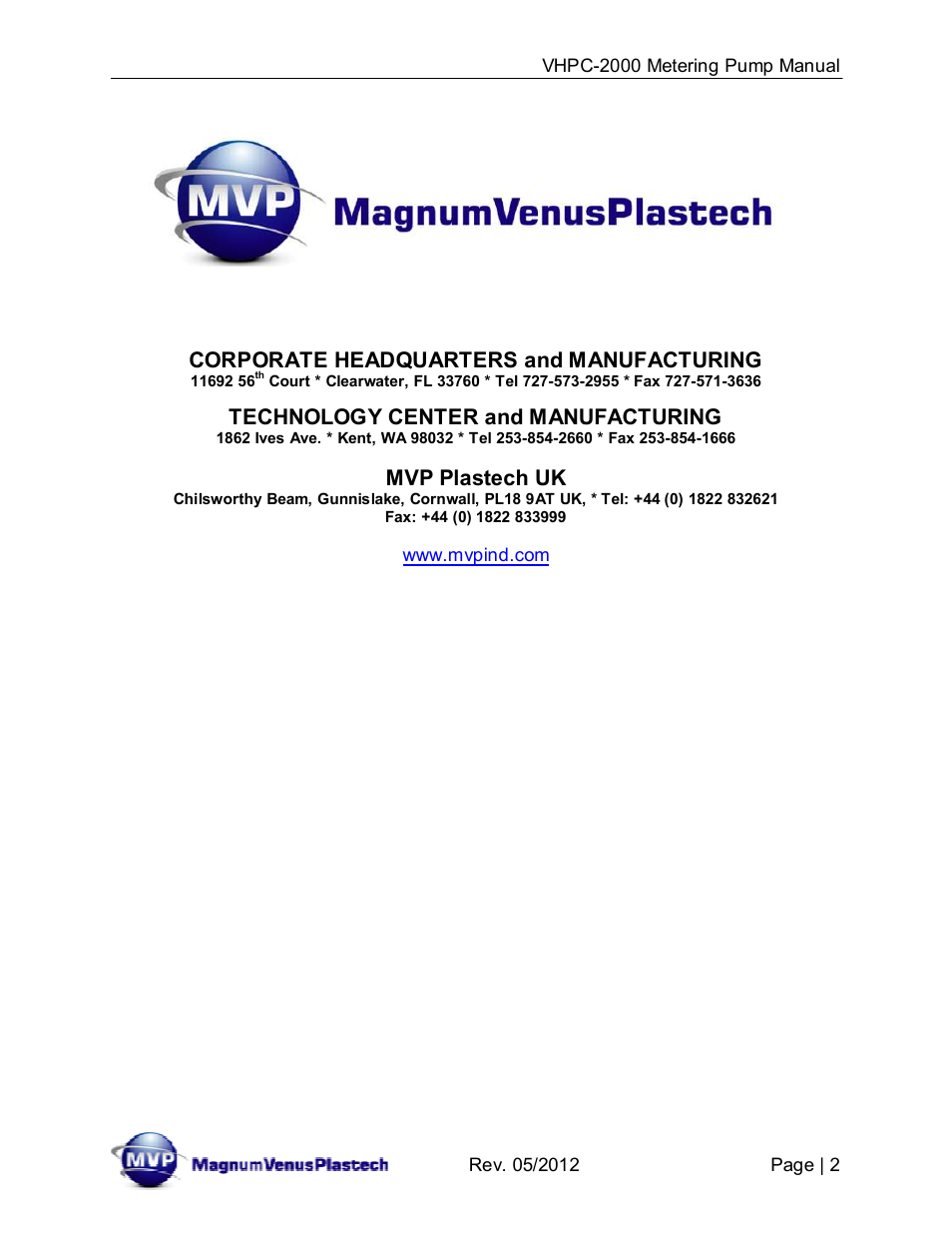 Corporate headquarters and manufacturing, Technology center and manufacturing, Mvp plastech uk | Magnum Venus Plastech UltraMAX VHPC-2000 Series User Manual | Page 2 / 32