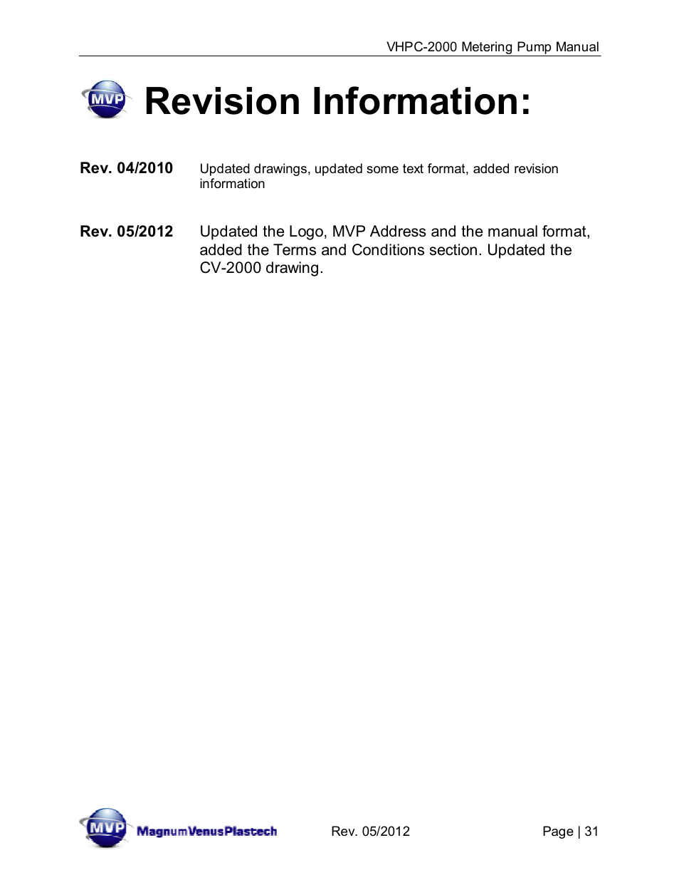 Revision information | Magnum Venus Plastech UltraMAX VHPC-2000 Series User Manual | Page 31 / 32
