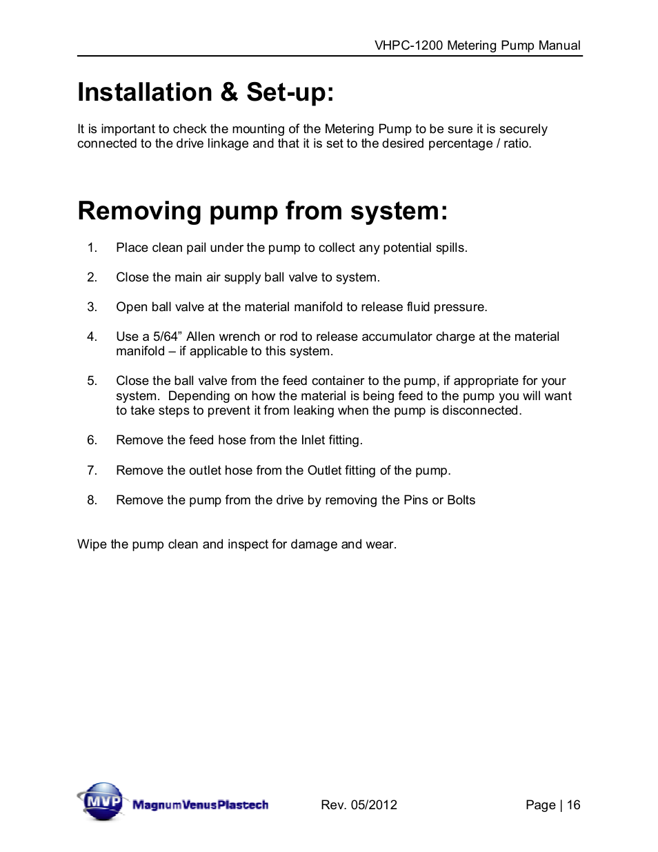 Installation & set-up, Removing pump from system | Magnum Venus Plastech UltraMAX VHPC-1200 Series User Manual | Page 16 / 25