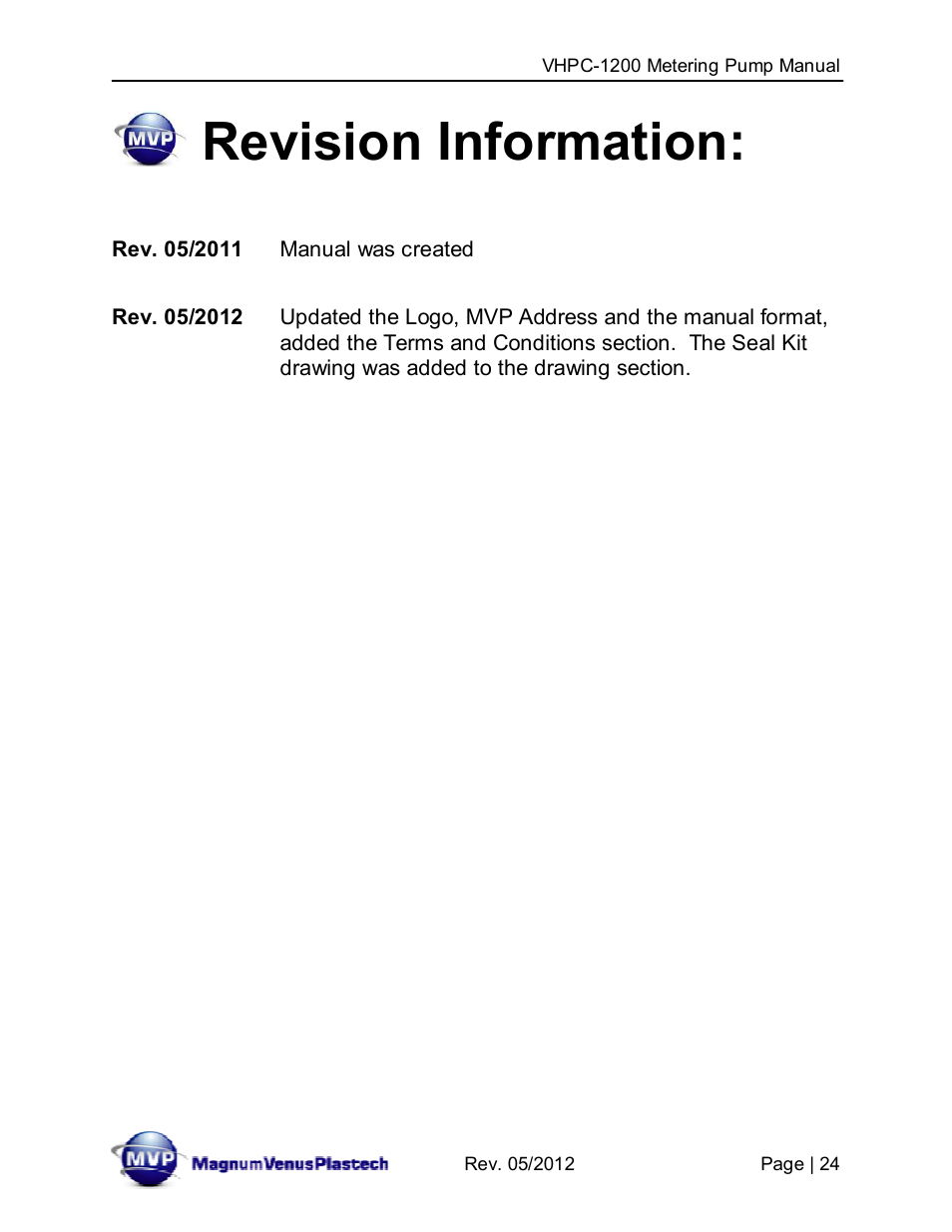 Revision information | Magnum Venus Plastech UltraMAX VHPC-1200 Series User Manual | Page 24 / 25