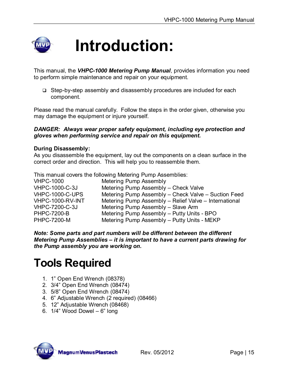 Introduction, Tools required | Magnum Venus Plastech UltraMAX VHPC-1000 Series User Manual | Page 15 / 38