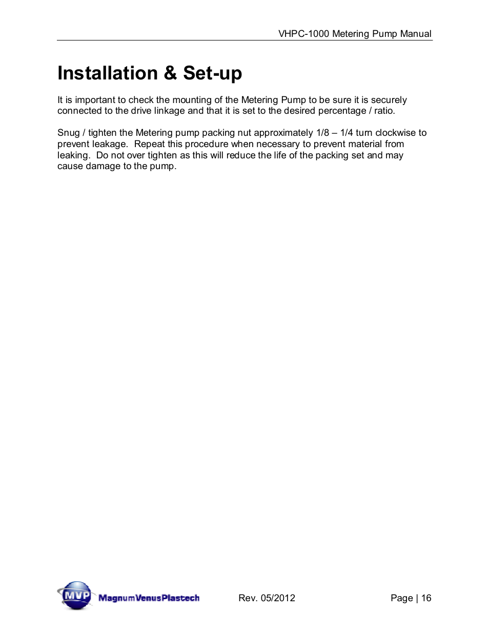 Installation & set-up | Magnum Venus Plastech UltraMAX VHPC-1000 Series User Manual | Page 16 / 38