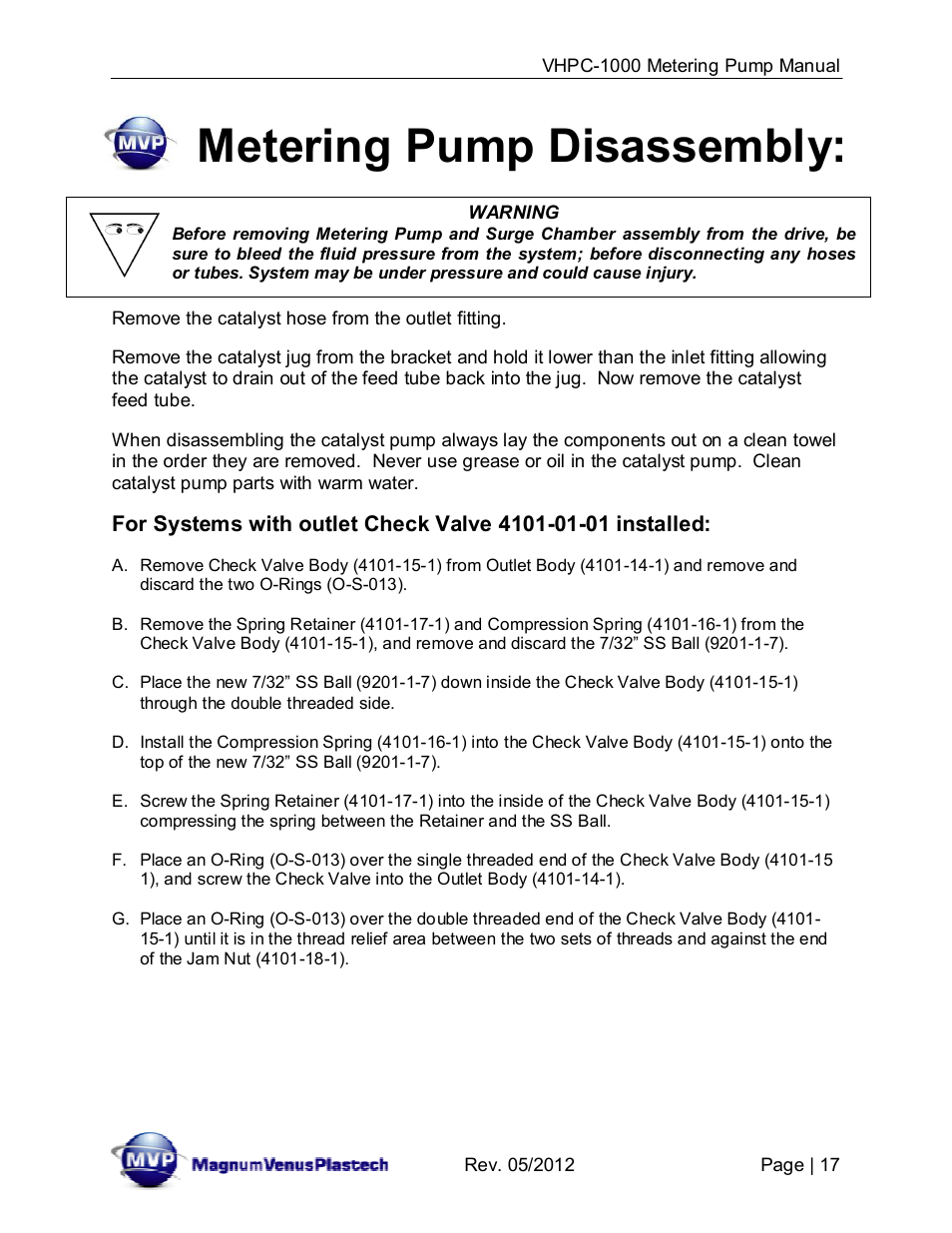 Metering pump disassembly | Magnum Venus Plastech UltraMAX VHPC-1000 Series User Manual | Page 17 / 38