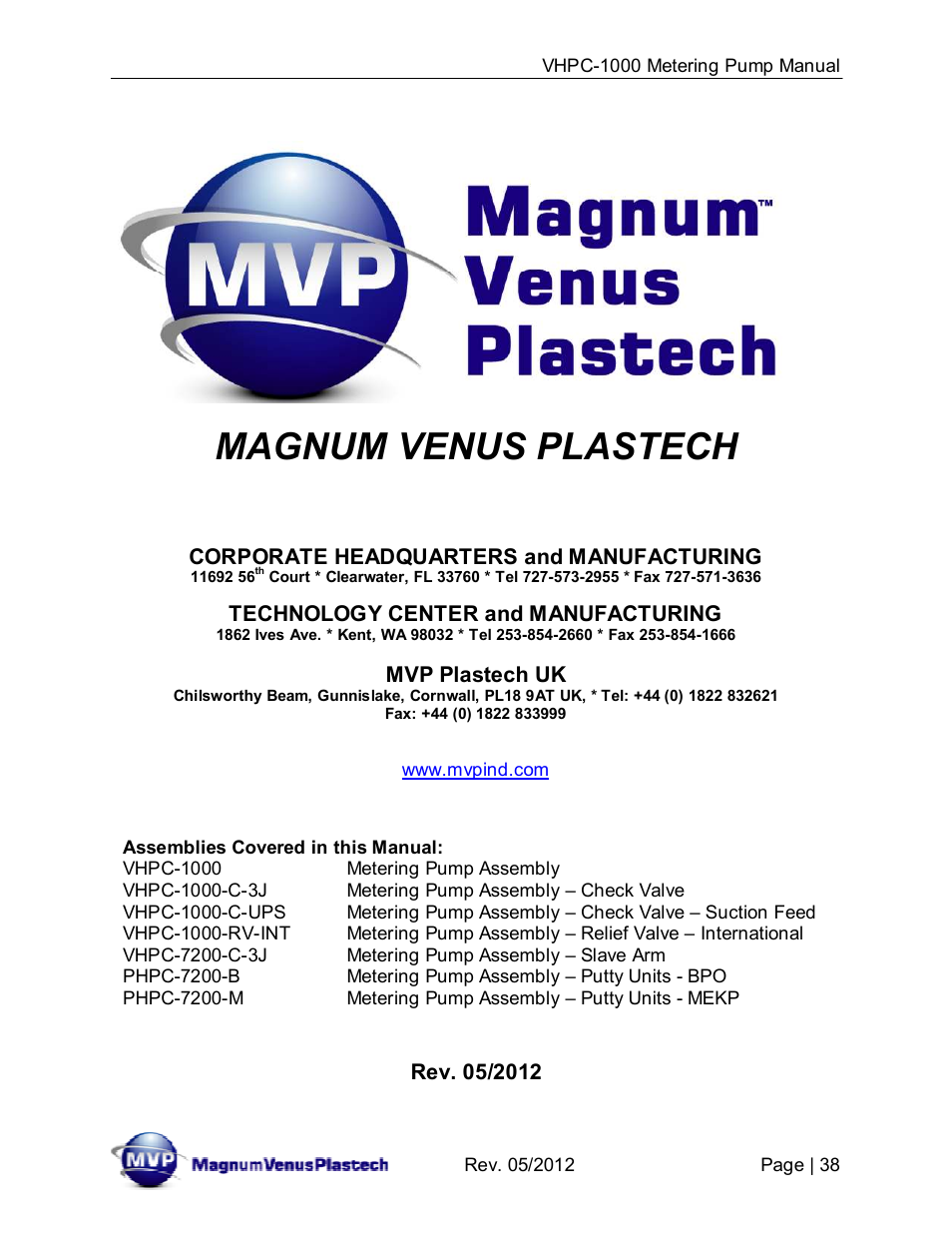 Magnum venus plastech | Magnum Venus Plastech UltraMAX VHPC-1000 Series User Manual | Page 38 / 38