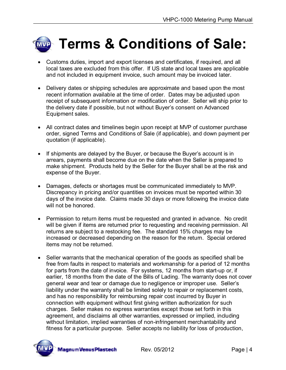 Terms & conditions of sale | Magnum Venus Plastech UltraMAX VHPC-1000 Series User Manual | Page 4 / 38