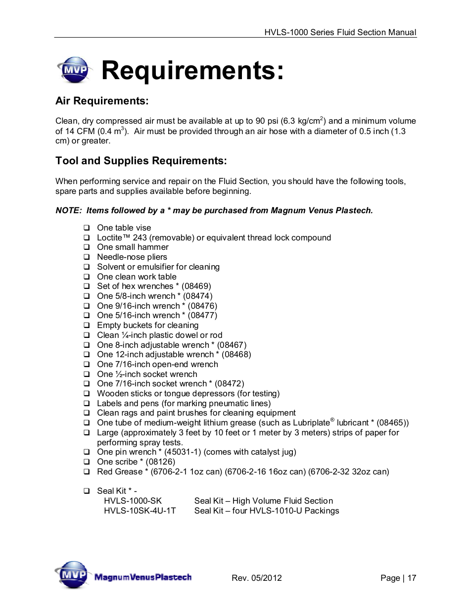 Requirements, Air requirements, Tool and supplies requirements | Magnum Venus Plastech UltraMAX HVLS-1000 Series User Manual | Page 17 / 40