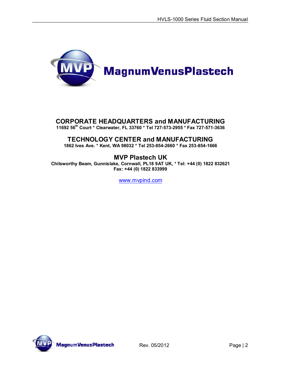 Corporate headquarters and manufacturing, Technology center and manufacturing, Mvp plastech uk | Magnum Venus Plastech UltraMAX HVLS-1000 Series User Manual | Page 2 / 40