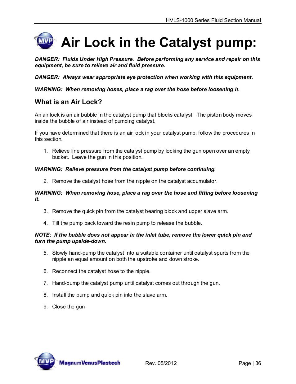 Air lock in the catalyst pump | Magnum Venus Plastech UltraMAX HVLS-1000 Series User Manual | Page 36 / 40