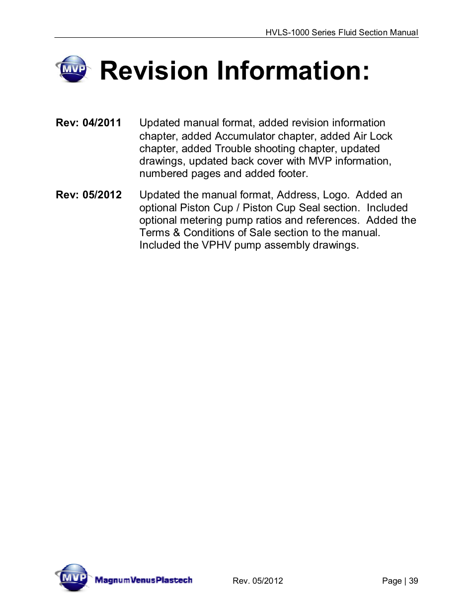 Revision information | Magnum Venus Plastech UltraMAX HVLS-1000 Series User Manual | Page 39 / 40