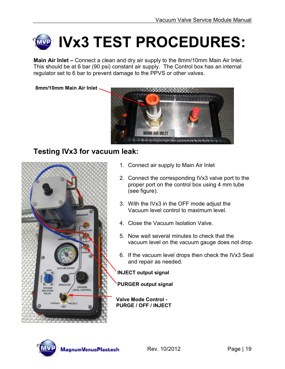 Ivx3 test procedures, Testing ivx3 for vacuum leak | Magnum Venus Plastech Flex Molding Process IVx3 MODULE 8018 User Manual | Page 19 / 32