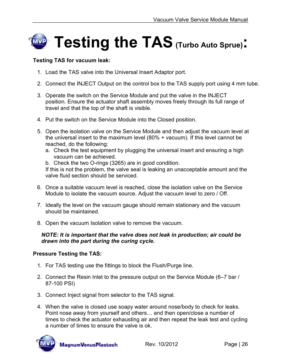 Testing the tas, Turbo auto sprue) | Magnum Venus Plastech Flex Molding Process IVx3 MODULE 8018 User Manual | Page 26 / 32