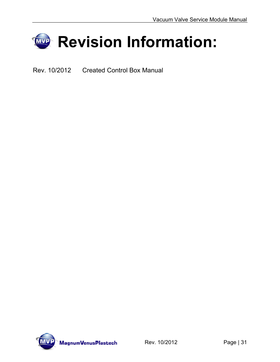 Revision information | Magnum Venus Plastech Flex Molding Process IVx3 MODULE 8018 User Manual | Page 31 / 32