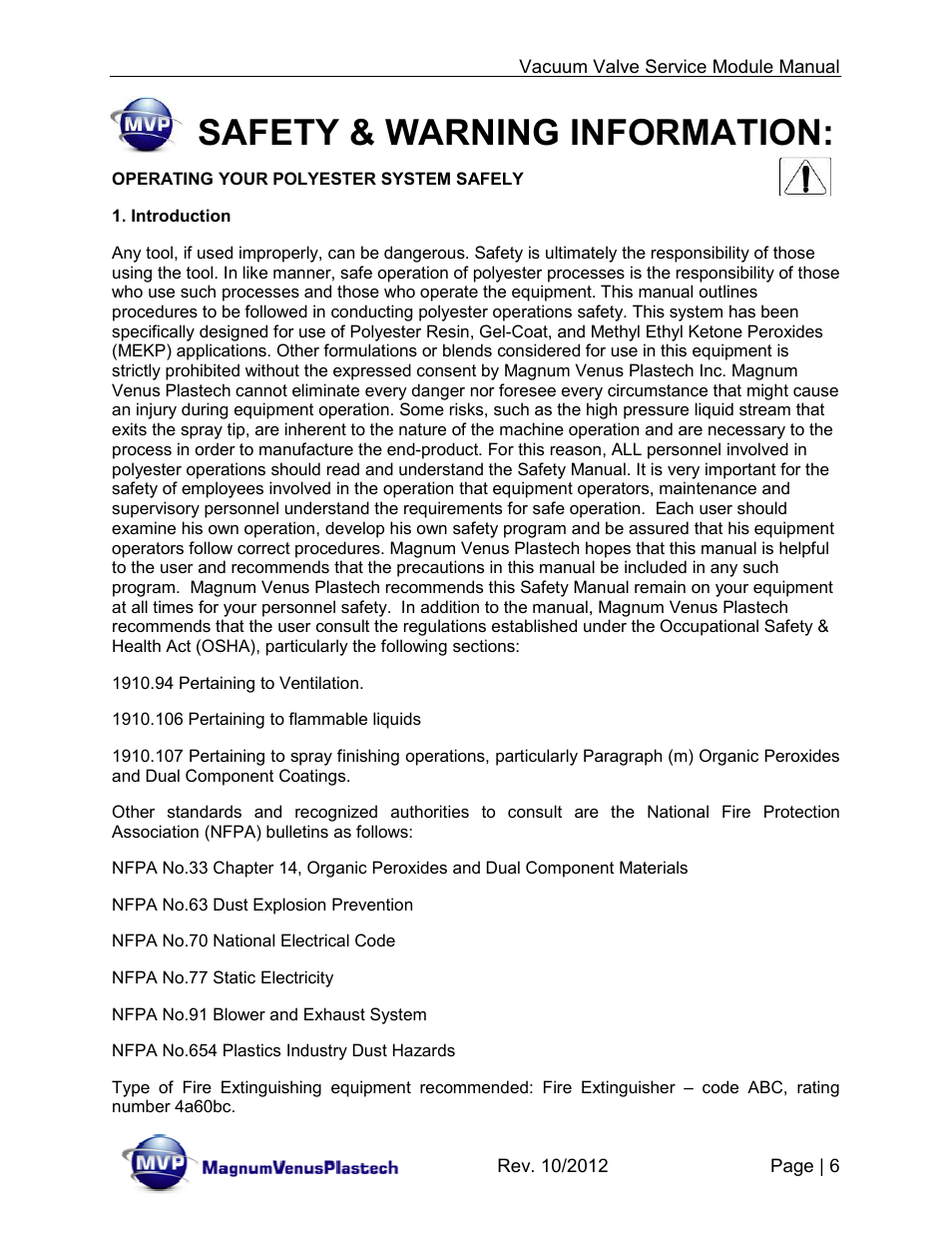 Safety & warning information | Magnum Venus Plastech Flex Molding Process IVx3 MODULE 8018 User Manual | Page 6 / 32