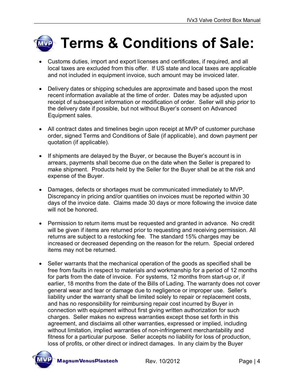 Terms & conditions of sale | Magnum Venus Plastech Flex Molding Process IVX3 CONTROL 8015, 8016, 8019 & 8020 User Manual | Page 4 / 24