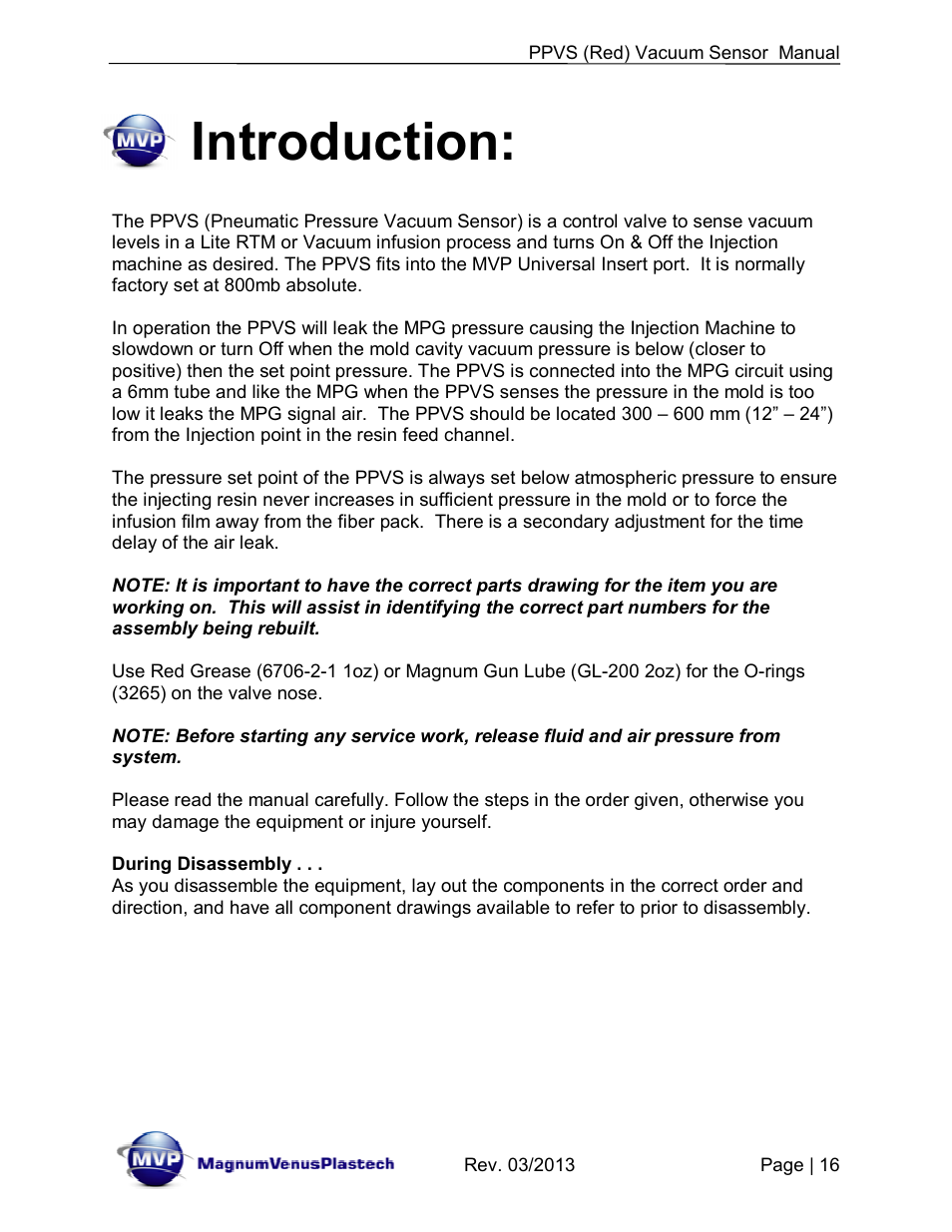 Introduction | Magnum Venus Plastech Flex Molding Process PPVS - VACUUM SENSOR User Manual | Page 16 / 28