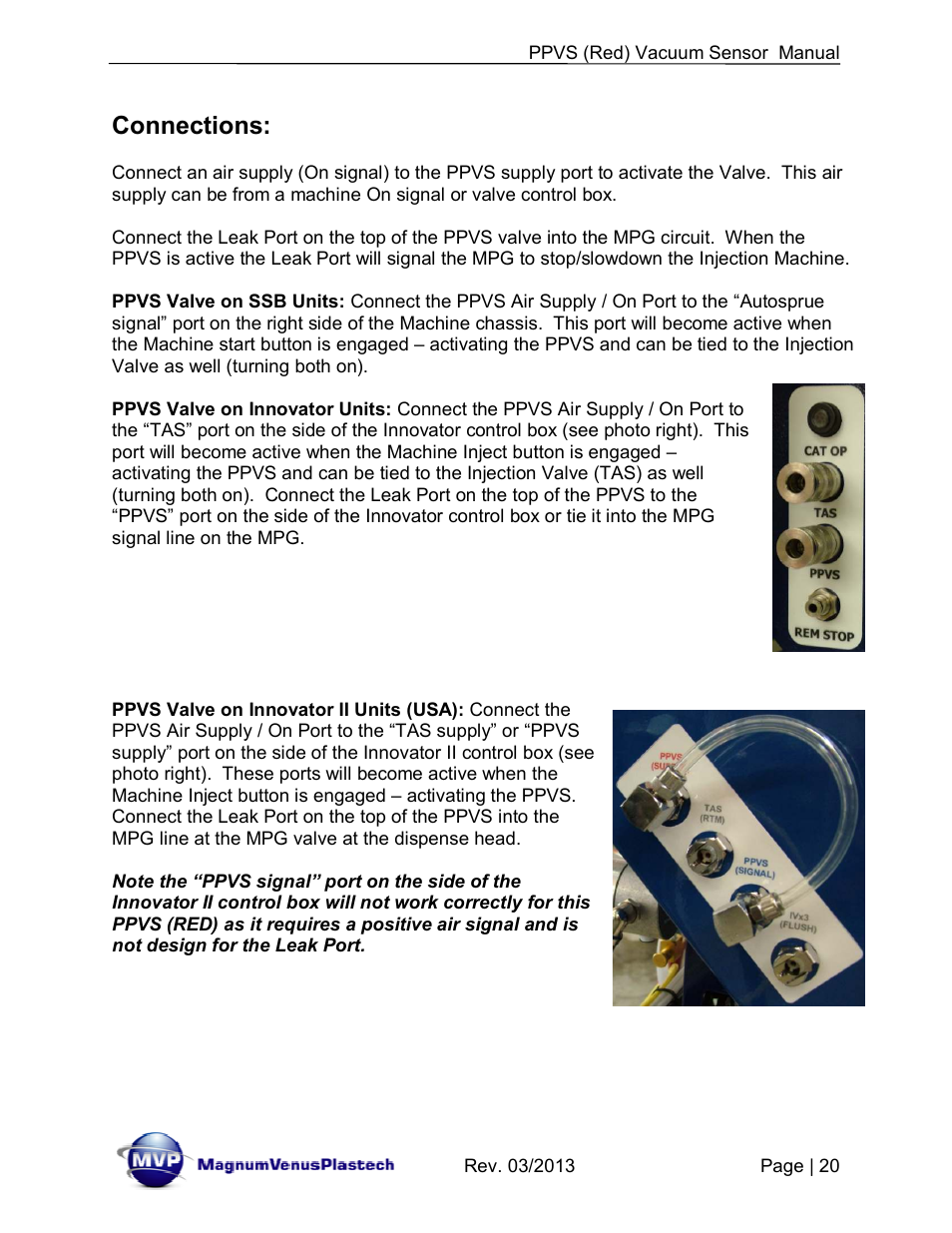 Connections | Magnum Venus Plastech Flex Molding Process PPVS - VACUUM SENSOR User Manual | Page 20 / 28