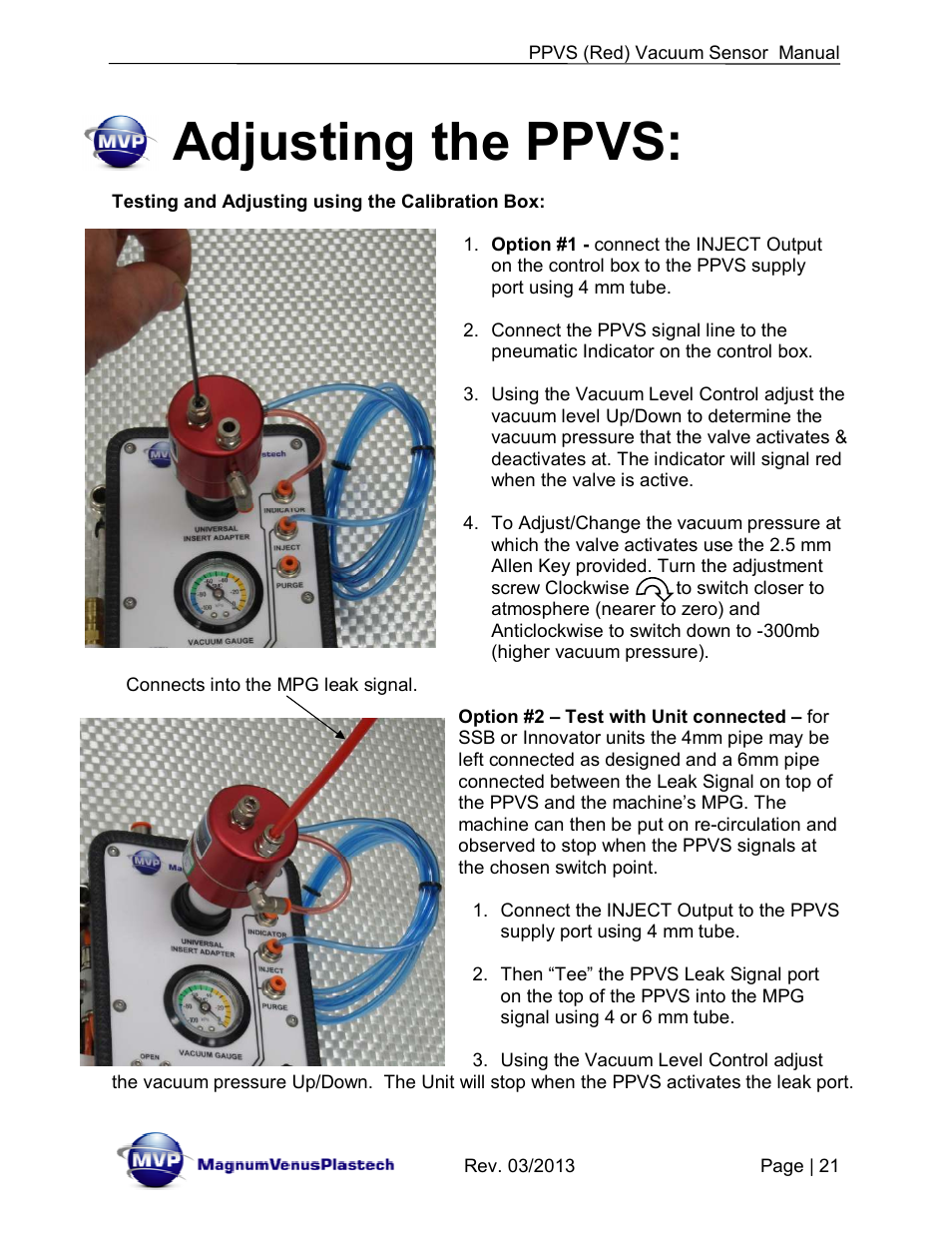 Adjusting the ppvs | Magnum Venus Plastech Flex Molding Process PPVS - VACUUM SENSOR User Manual | Page 21 / 28