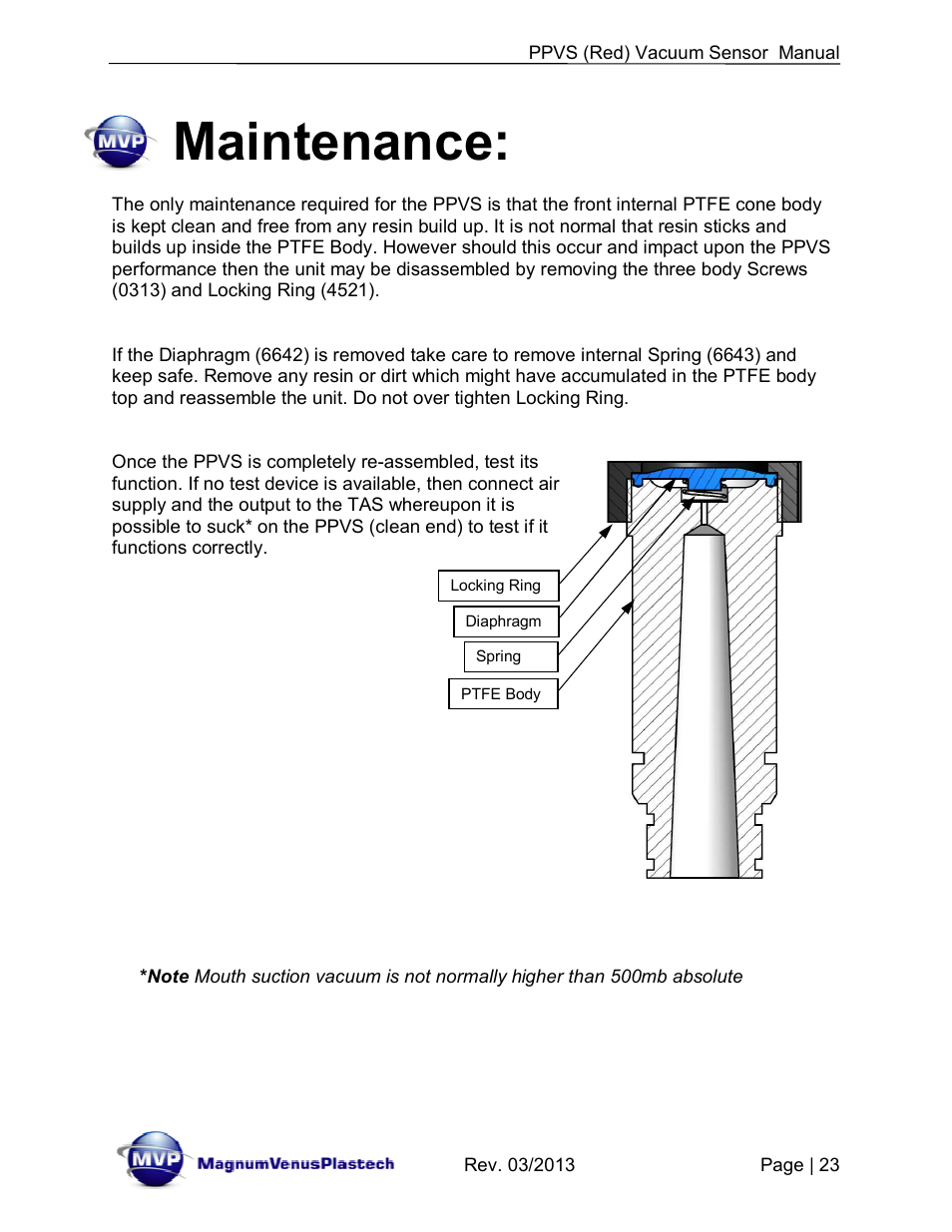 Maintenance | Magnum Venus Plastech Flex Molding Process PPVS - VACUUM SENSOR User Manual | Page 23 / 28