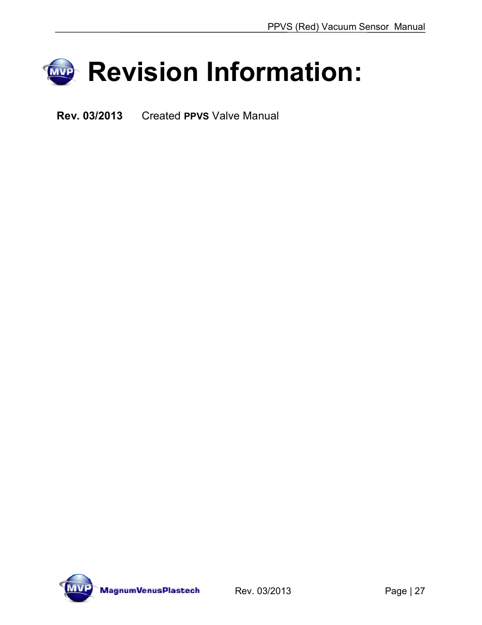 Revision information | Magnum Venus Plastech Flex Molding Process PPVS - VACUUM SENSOR User Manual | Page 27 / 28