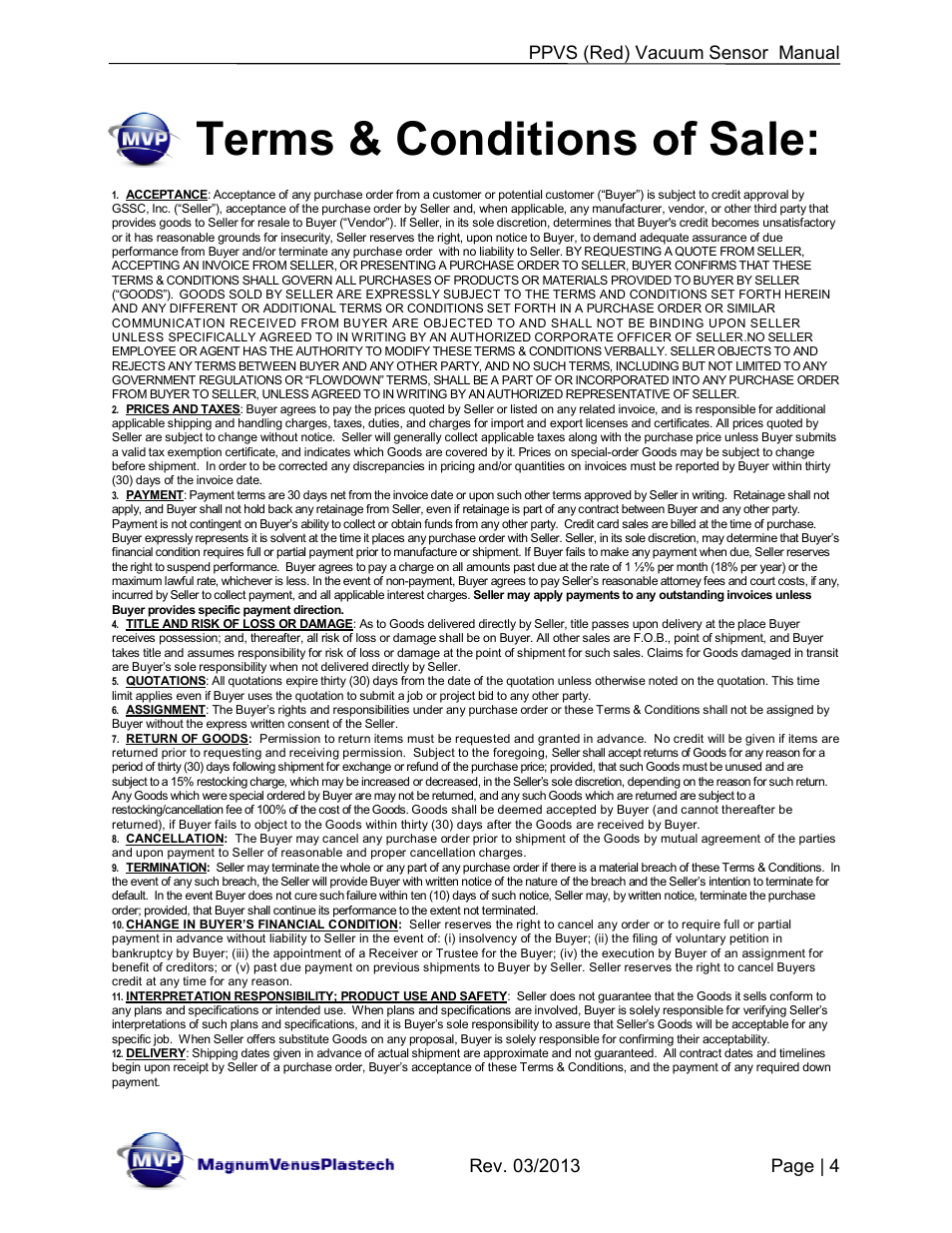 Terms & conditions of sale | Magnum Venus Plastech Flex Molding Process PPVS - VACUUM SENSOR User Manual | Page 4 / 28