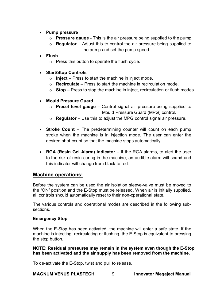 Machine operations | Magnum Venus Plastech INNOVATOR MEGAJECT 5000 (8001) User Manual | Page 19 / 77