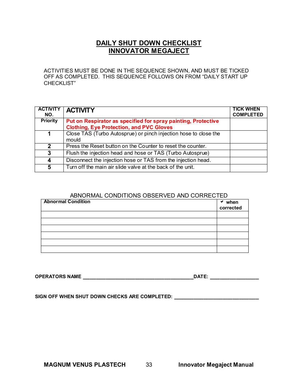 Daily shut down checklist innovator megaject, Activity | Magnum Venus Plastech INNOVATOR MEGAJECT 5000 (8001) User Manual | Page 33 / 77