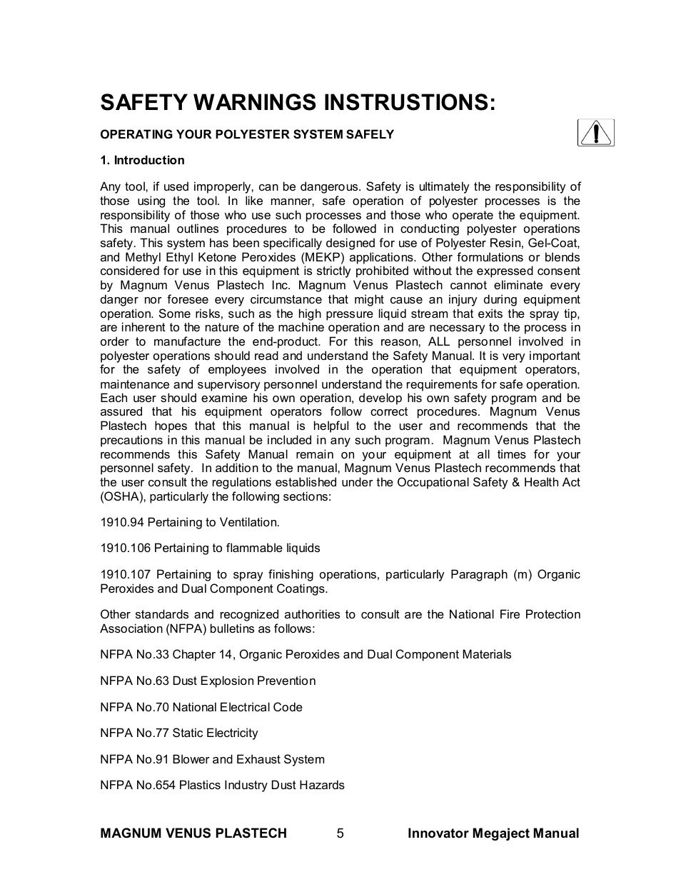 Safety warnings instrustions | Magnum Venus Plastech INNOVATOR MEGAJECT 5000 (8001) User Manual | Page 5 / 77