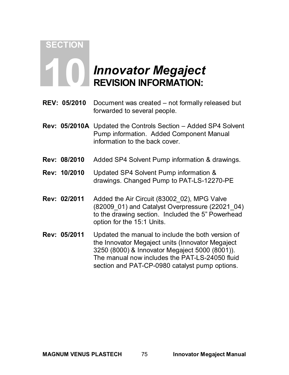 Innovator megaject, Revision information | Magnum Venus Plastech INNOVATOR MEGAJECT 5000 (8001) User Manual | Page 75 / 77