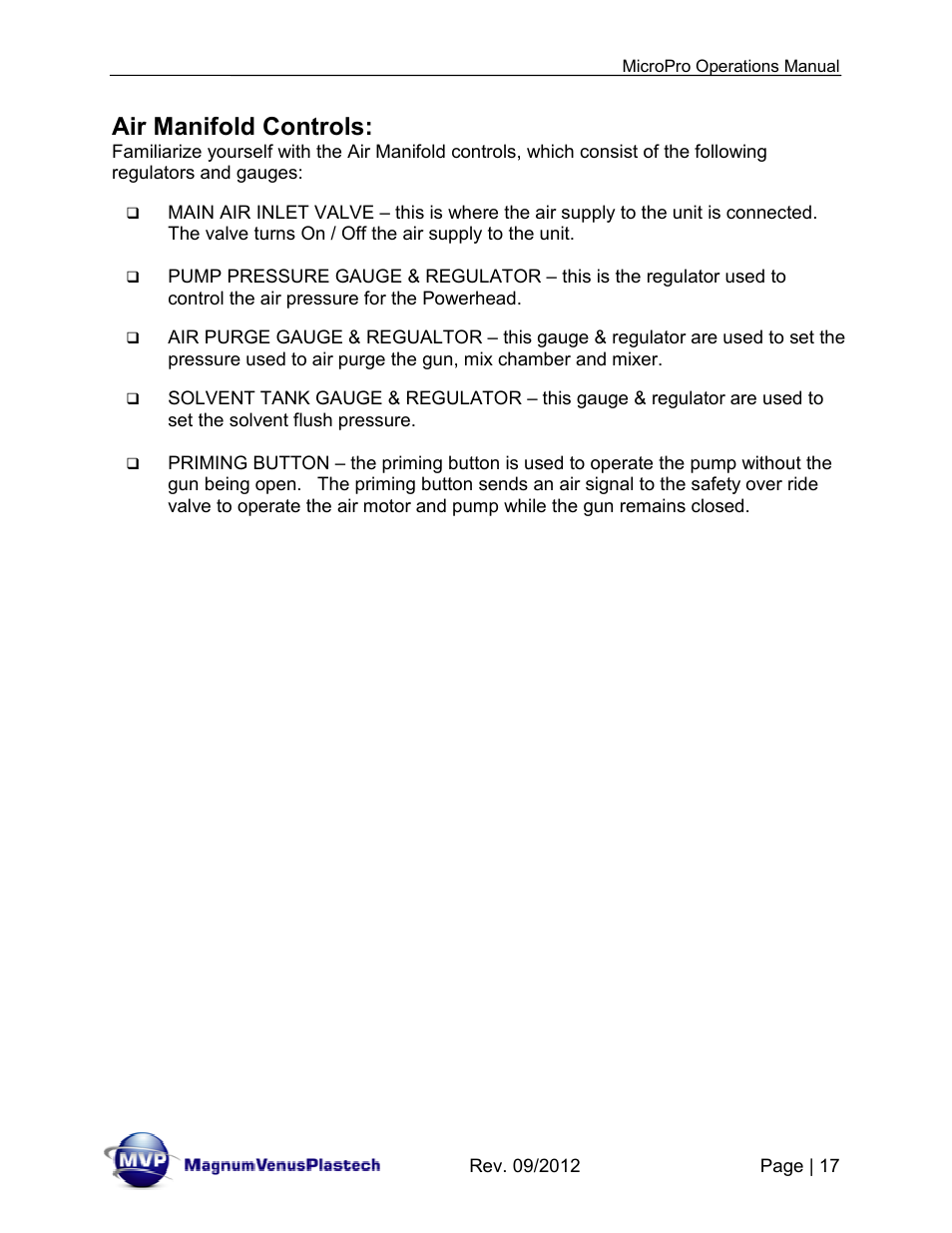 Air manifold controls | Magnum Venus Plastech MicroPro User Manual | Page 17 / 53