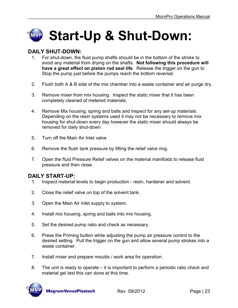 Start-up & shut-down | Magnum Venus Plastech MicroPro User Manual | Page 23 / 53